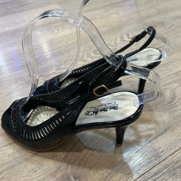 Coach and Four Slingback Black Open Toe Heels with Cut Out Elements - Picture 3 of 14